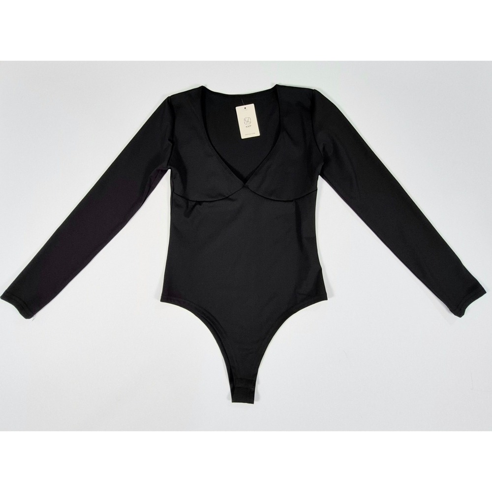 Black Sculpting Bodysuit Long Sleeve‎ V Neck Fitted Women's Medium NWT